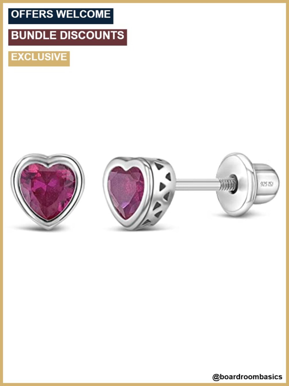 Sterling Silver Heart CZ Stud Earrings for Kids Screw Back